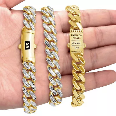 10k Yellow Gold 11mm Monaco Miami Cuban Link Diamond Cut Pave Chain Bracelet 8  • $737.99