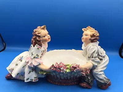 Capodimonte Carlo Mollica Majolica Girl & Boy Basket With Flowers Planter • $85