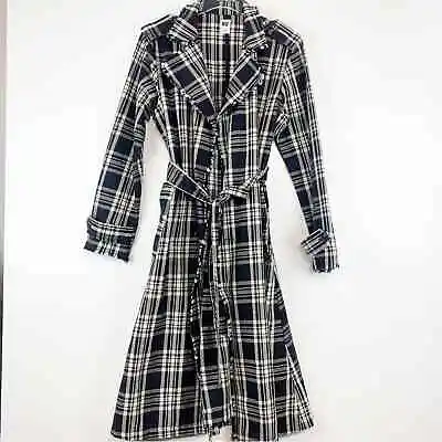 NSF Womens Trench Coat Small Plaid Black White Belted Double Breasted Epaulettes • $74.95