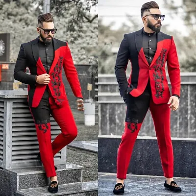 Red Black Men Suits Splicing Color 2Pcs Wedding Tuxedo Fashion Party Prom Blazer • $83.65