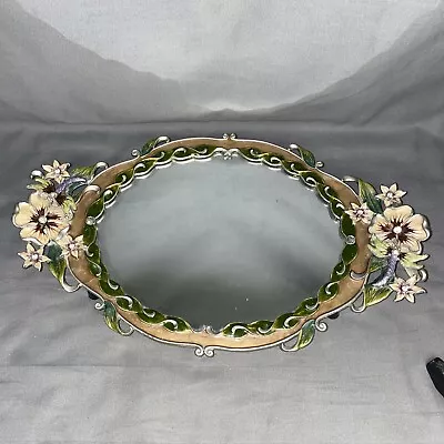 Vintage Mirror Vanity Tray Flowers & Dragonflies Footed 11  Oval • $29.99