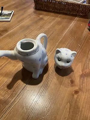 Miniature Ceramic Cat Tea Pot/Creamer ~ White With Green Flowers • $9.99