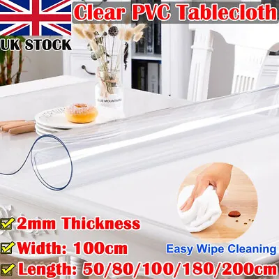 2mm Thick 50-200cm Clear Transparent Vinyl PVC Tablecloth Table Protector Cover • £27.99