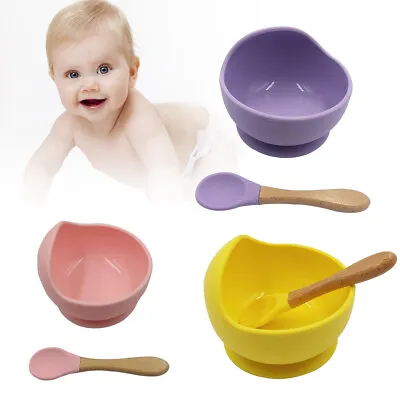 Baby Suction Bowl With Bamboo Spoon Set Silicone Plates Feeding For Kids • £4.39