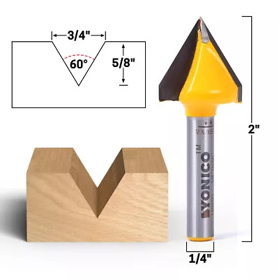 60 Degree X 3/4  Diameter V Groove Router Bit - 1/4  Shank - Yonico 14995q • $14.95