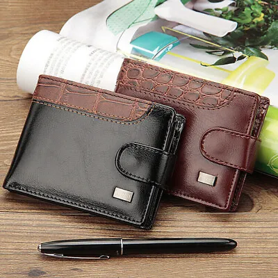 Short Leather Card Holder Wallet Coin Pocket Snap Closure With ID Window For Men • $6.59