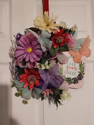 Springtime  Welcome Deco Mesh Wreath  Flowers Love Grows Here Handmade • $8