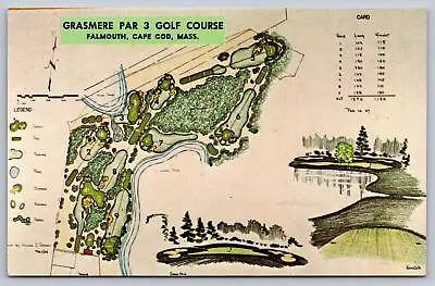VINTAGE CHROME PC GRASMERE COUNTRY CLUB FALMOUTH Map Of Course CAPE COD MASS • $6