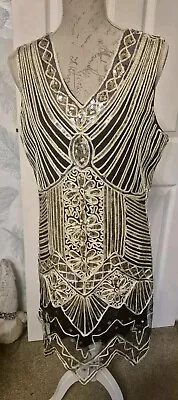 1920's Flapper Dress Sequin Fringe Cocktail Party Great Gatsby Size 12/14 (xxl) • £9.99