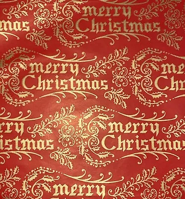 Vtg Merry Christmas Wrapping Paper Gift Wrap Nos Gold Scroll Work On Red Nos • $7.46