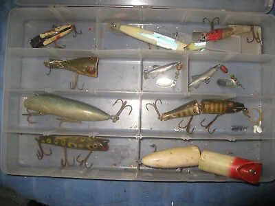 Vintage Lot Of Fishing Lures & Tackle Box-6 Wood Lures-Mepps-CCBC-Lazzy Ike • $17.99