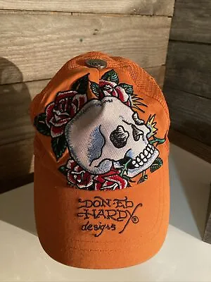 Don Ed Hardy Designs By Christian Audigier Trucker Orange Hat  Skull & Roses” • $22.97