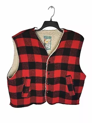 Vintage Canyon Guide Buffalo Plaid Vest Mens Xl Red Black Sherpa Lined Snap • $49.99