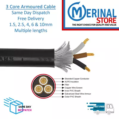 £27.22 • Buy Armoured Cable 3 Core 6943x SWA Multiple Lengths & Sizes 1.5, 2.5, 4, 6 And 10mm