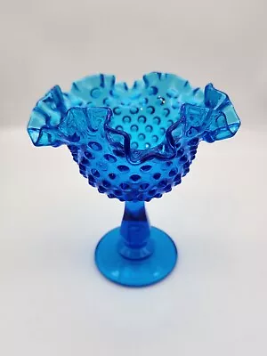 Fenton Glass Colonial Blue Hobnail Footed Pedestal Compote Dish Ruffled Edge • $24