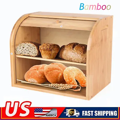 2-Layer Bread Box Bread Keeper Bamboo Wood With Lid Kitchen Storage Containers • $42.75