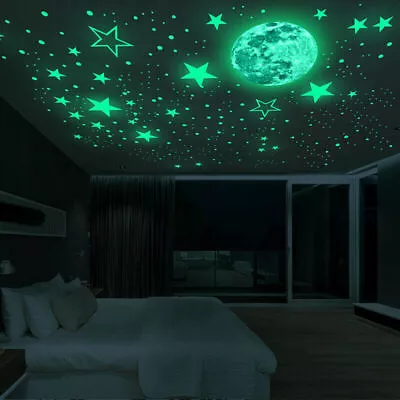 Luminous Blue Moon & Stars Wall Stickers Glow In The Dark Removable Decal Decor • $10.29