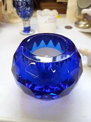 Signed Vintage Oleg Cassini Crystal Candle Votive Holder Cobalt Blue Collectible • $19.99