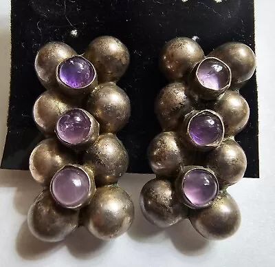 Antique Vintage  SILVER MEXICO  SCREWBACK EARRINGS AMETHYST CABOCHON Sterling • $39.95