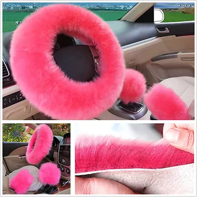 A Set Pink Natural Fur Car Steering Wheel+Gear Knob Shifter+Parking Brake Cover • $27.99