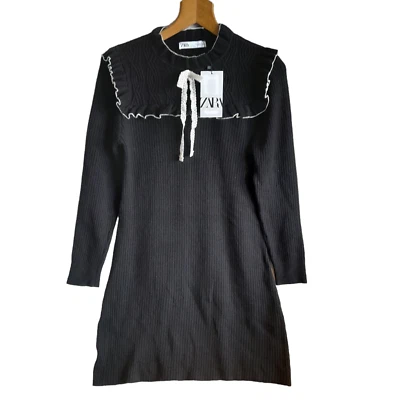 £21.97 • Buy BNWT ZARA Black Knit Dress With Contrast Lace Bow Long Sleeve Womens Large