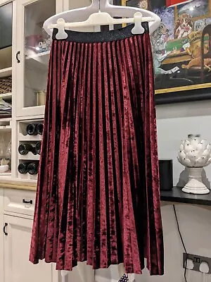 M&S Collection Size 6 Reg Claret Red Velvet Pleated Midi Skirt • £10