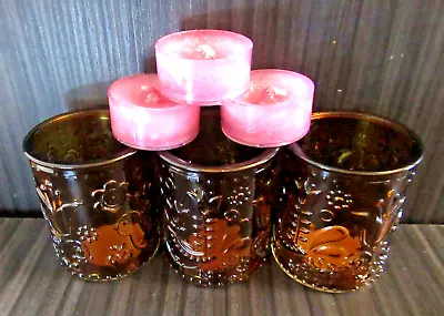 Set Of 3 Pretty Amber Glass Candle Holders With Yankee Tea Lights. • £9.99