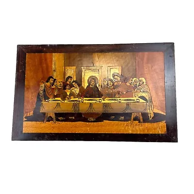Vintage Hand Carved Marquetry Wood Inlay Lords Last Supper Picture MCM Art • $49.99