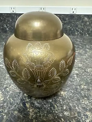 Vintage Brass Urn Ginger Jar Lidded  5.25” Tall Etched Floral Design • $7.99