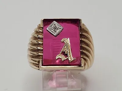 Mens 10k Solid Yellow Gold Ruby W/ A Initial & Diamond Accent Ring Size 8.75 • $424.99