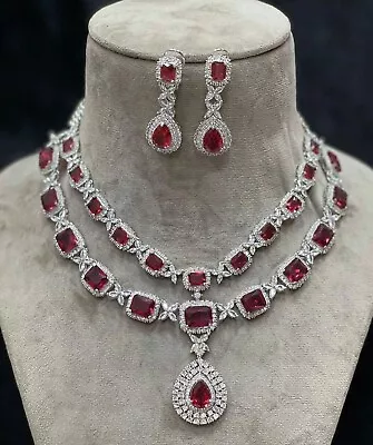 Indian Bollywood Silver Plated Ethnic AD CZ Jewelry Earrings Necklace Bridal Set • $34.31