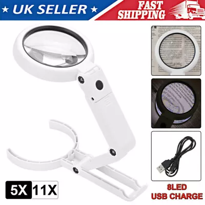 Foldable Magnifying Glass With Light 8 Led Lamp 5X 11X Magnifier Stand Table • £9.29