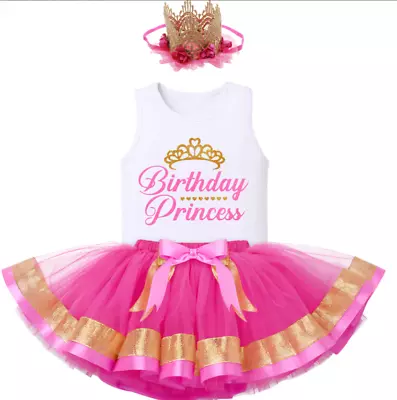 Baby Girl 1st Birthday Outfit For Cakesmash 3 Pcs Top Tutu Princess Outfit • $47.99