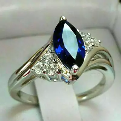2.20 Ct Marquise Cut Blue Sapphire Bypass Engagement Ring 14K White Gold Finish • £95