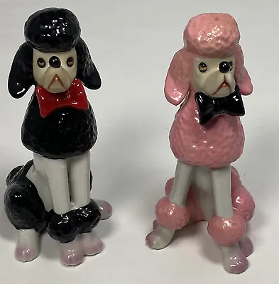 2 Vintage Ceramic Sitting Poodles Dog Figurines Bow Tie Japan Pink Black • $18.49