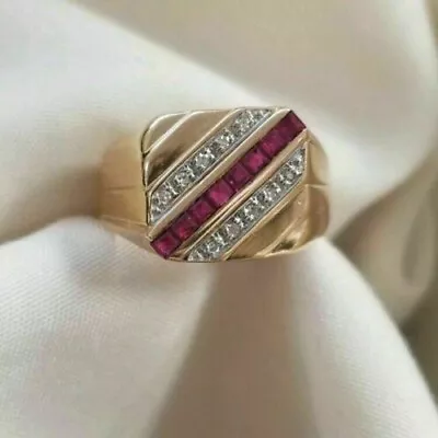 Mens Natural Princess Cut Ruby & Real Diamond Ring 14k Yellow Gold Plated Silver • $296.18