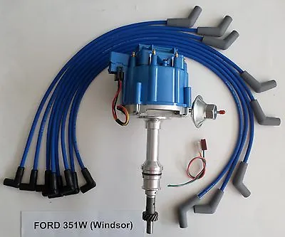 FORD 351W (Windsor) BLUE HEI Distributor + 8mm Spiral Core Spark Plug Wires USA • $129.95