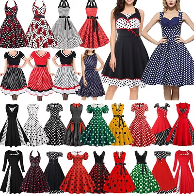 Womens Retro Polka Dot 50s 60s Rockabilly Cocktail Party Swing Housewife Dress • £21.99