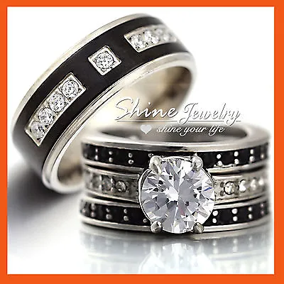 $17.85 • Buy Silver Black Titanium Mens Band Womens Stainless Steel Diamond Wedding Rings Set