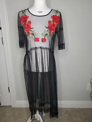 Potters Pot Sheer Rose Applique Overlay Black Dress L Womens • $33