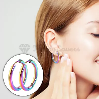 20mm Rainbow Surgical Stainless Steel Hinged Huggie Cartilage Hoop Earrings • £3.99