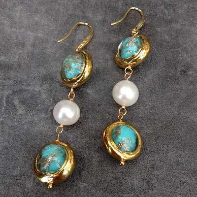 Cultured White Pearl Blue Murano Glass Dangle Hook Earrings Handmade For Women • $15