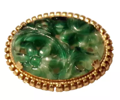 Vintage 1960s Napier Oval Carved Runway Statement Faux-Jade Brooch • $65