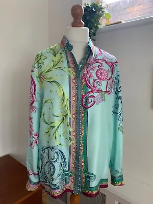 VINTAGE VERSACE COLLCTION Turquoise Blue Foral Silk Collared Blouse Shirt 42 14 • $82.06