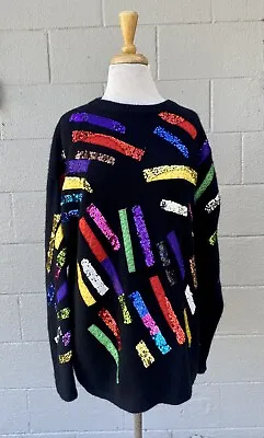 VTG 80s Cedars Black Wool Colorful Sequin Angora Beaded Appliqué Sz L Ugly Xmas • $10.44