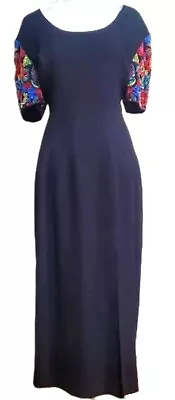 Liz Claiborne Vtg 90s Black Floral Multi Color Beaded Short Sleeve Maxi Dress 14 • $42