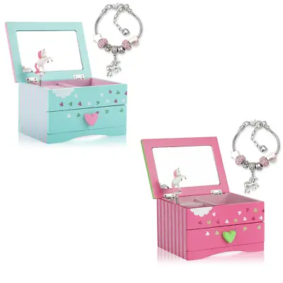 $47.95 • Buy Girls Musical Unicorn Jewellery Box With Charm Bracelet Kids Wooden Xmas Gift