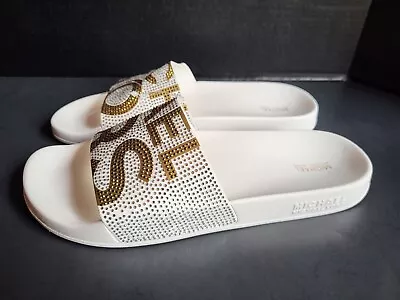 Women MK Michael Kors Gilmore Slide Slip On Sandals Rhinestone Vanilla/Gold  • $49