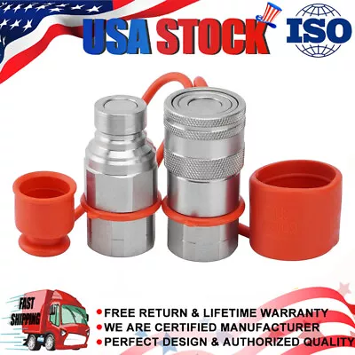 1/2 NPT Flat Face Hydraulic Quick Connect Coupler Coupling Set Skid Steer W/Caps • $35.99