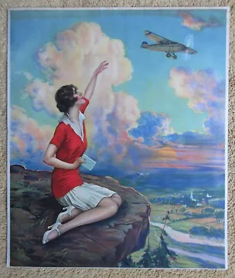 Vtg. 1930-40's Calendar Art Print  Sweethearts Of The Sky  Woman Waving To Pilot • $26.99